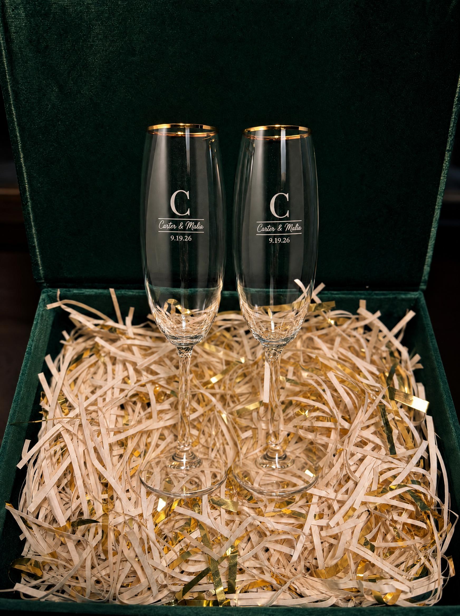 Laser-engraved gold-rim flute glasses for Carter and Malia, packed in a gift box