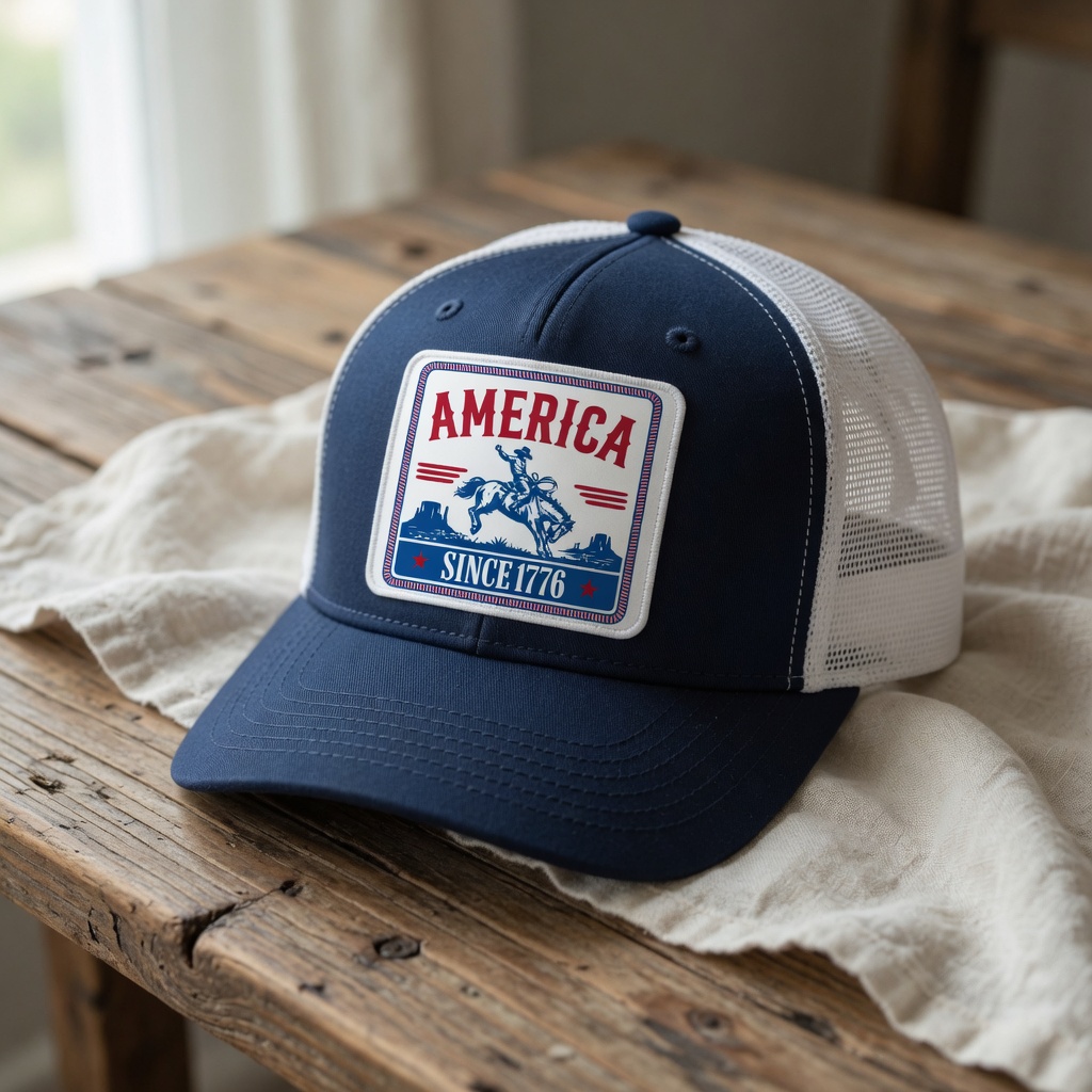 UV-printed America rodeo patch on a navy trucker hat