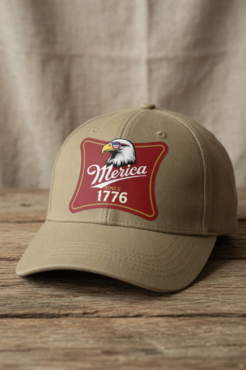 Merica eagle UV-printed patch on a khaki canvas cap