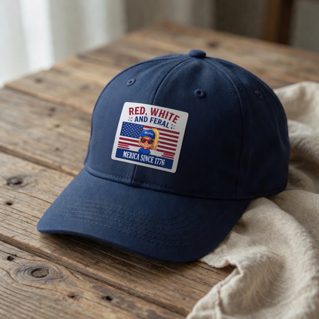 Red White and Feral UV-printed patch on a navy baseball cap