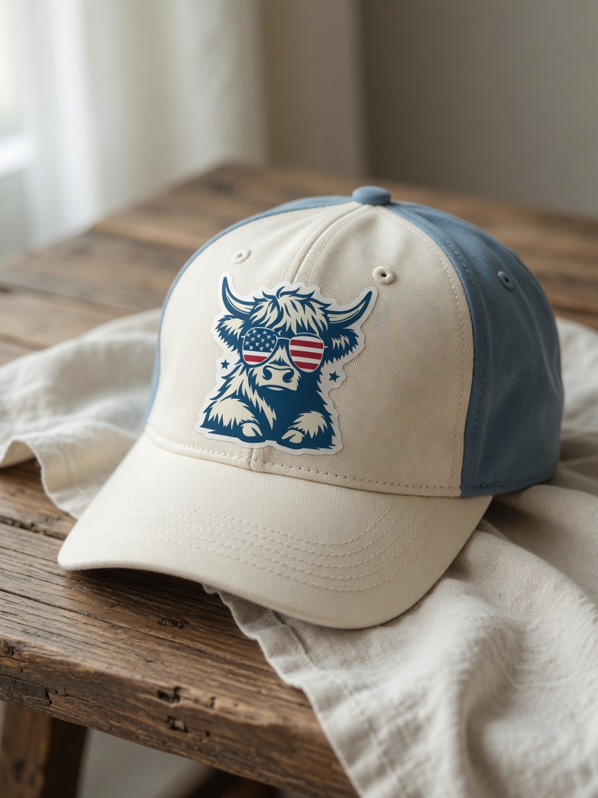 Highland cow UV-printed patch on a two-tone cap