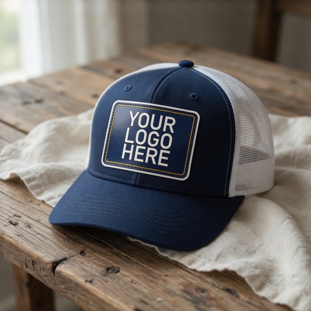 Navy trucker hat with a UV-printed leatherette patch that reads Your Logo Here