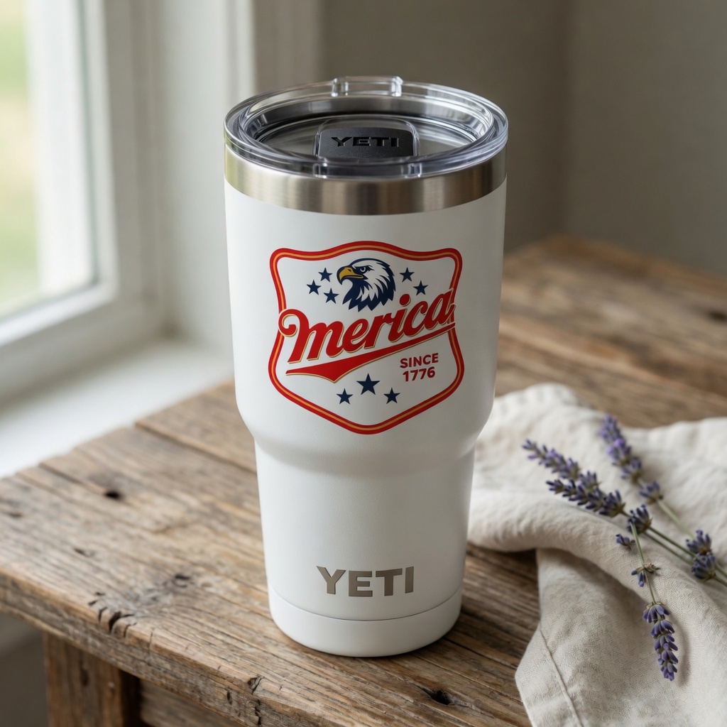 Merica UV print on a white 30oz YETI Rambler tumbler