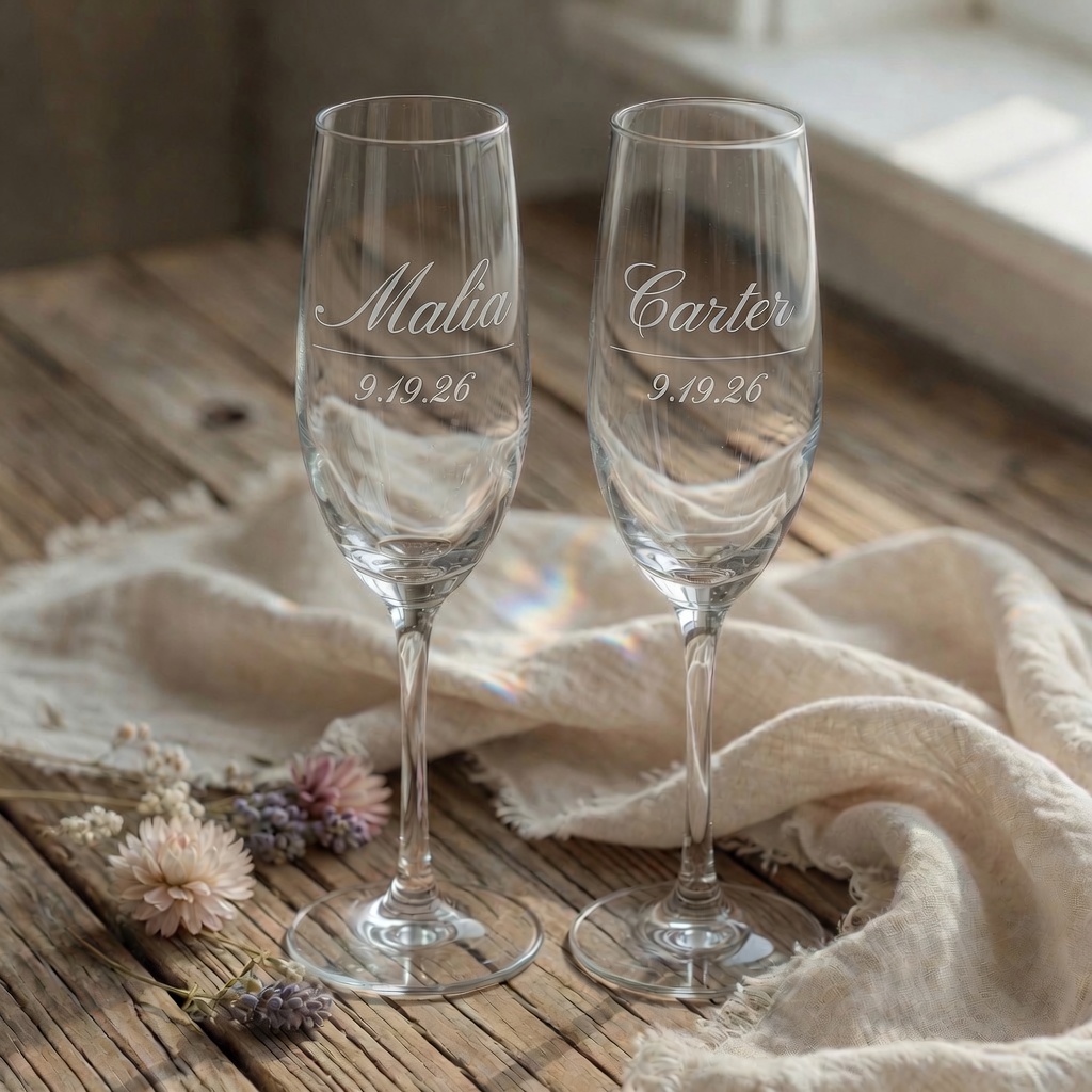 Custom laser-engraved toasting flutes for Malia and Carter, wedding date 9-19-26