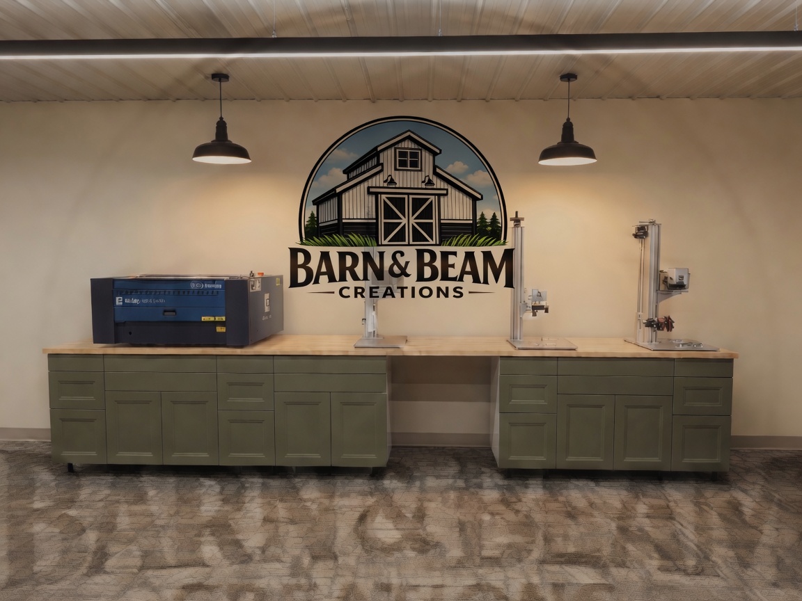 Barn and Beam Creations shop: laser and finishing stations on a wood workbench